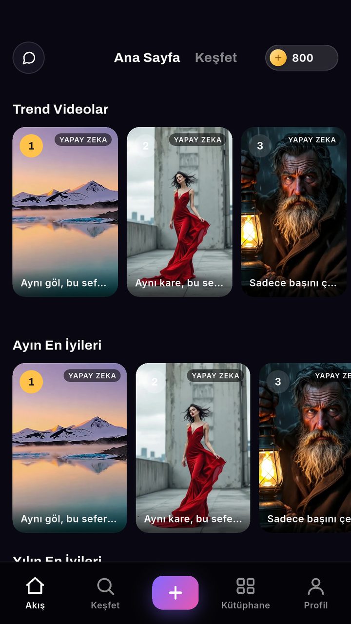 Home feed with rows of ranked trending AI videos