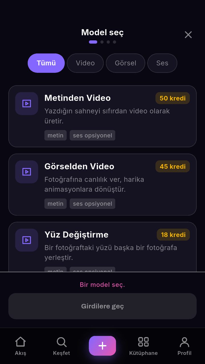 Model picker: text to video, image to video, face swap
